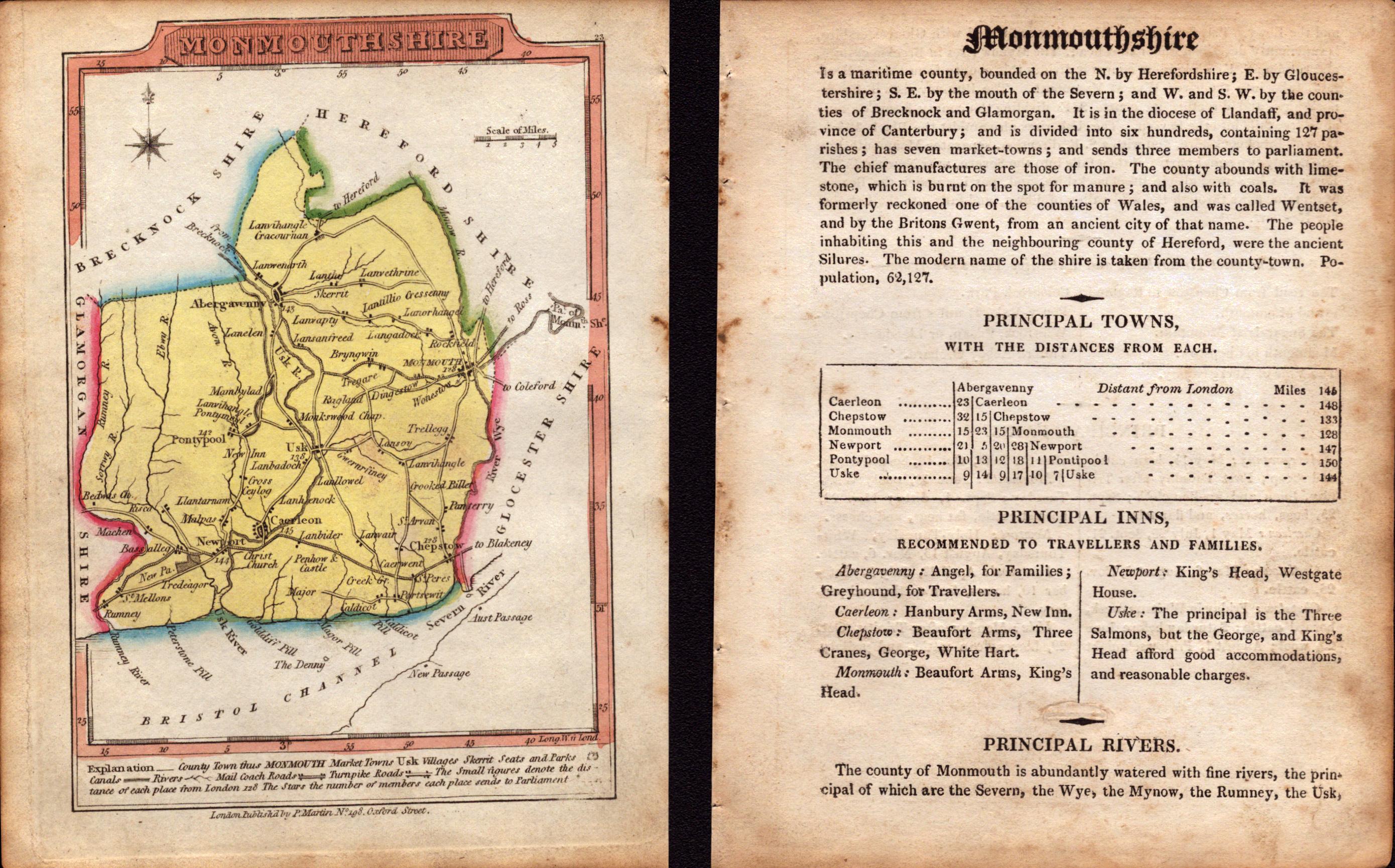 Wales Monmouthshire Engraved Hand Coloured George IV Antique Map & Text.