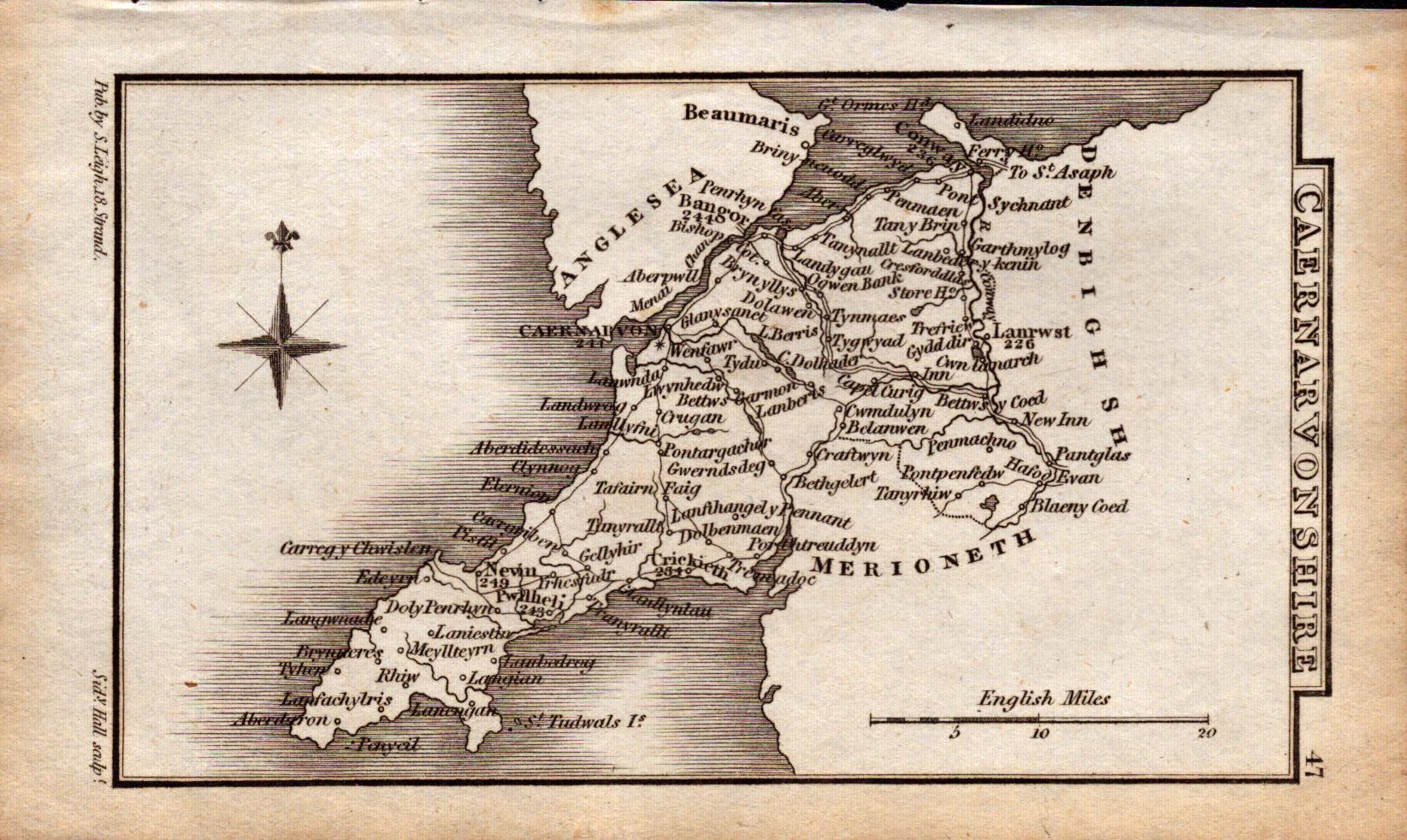 Wales Caernarvonshire Antique Copper Engraved George IV Map by Sidney Hall.