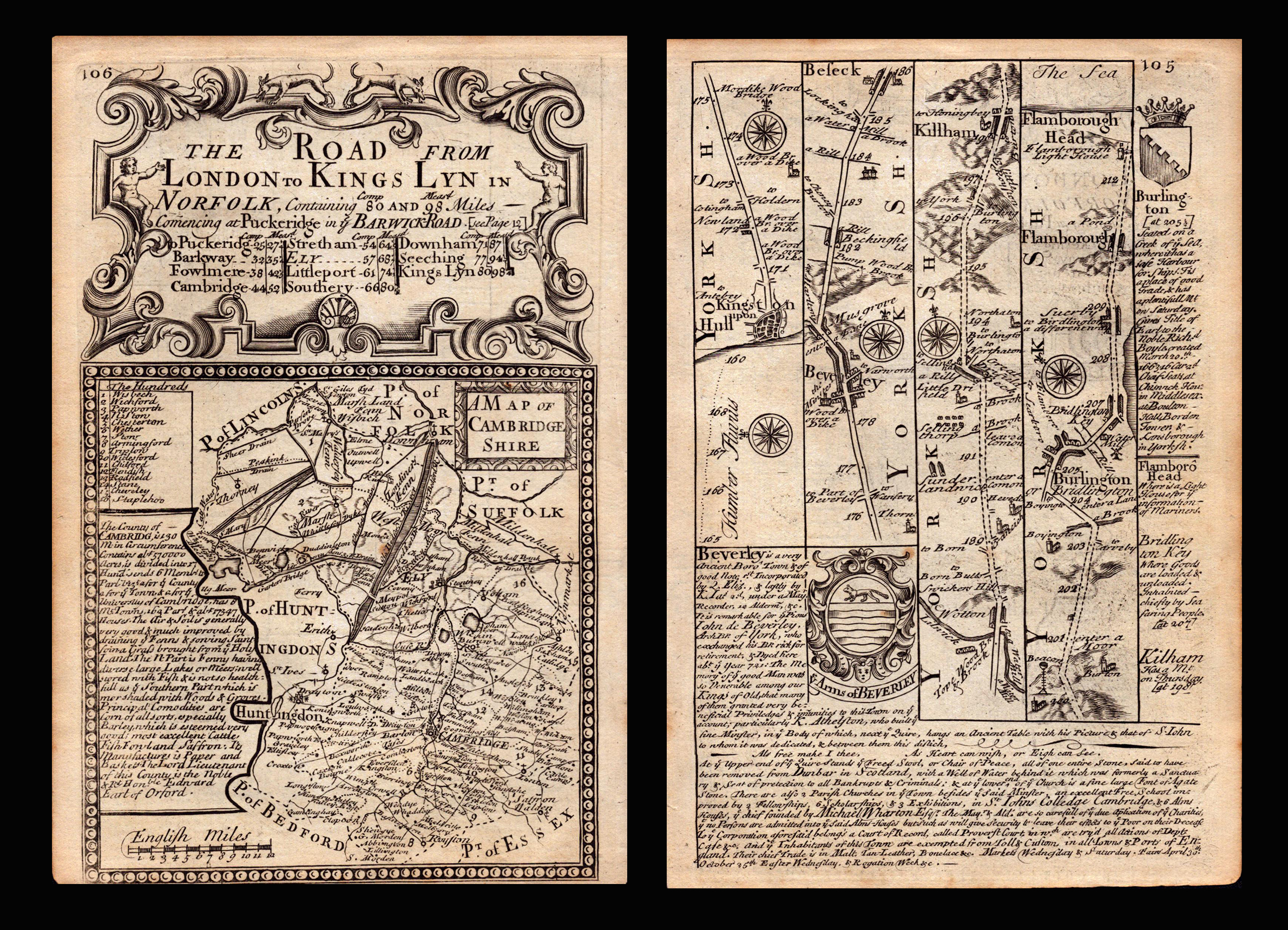 Bowen 290 Yrs Old Detailed Road Map The Road From London to Kings Lynn.