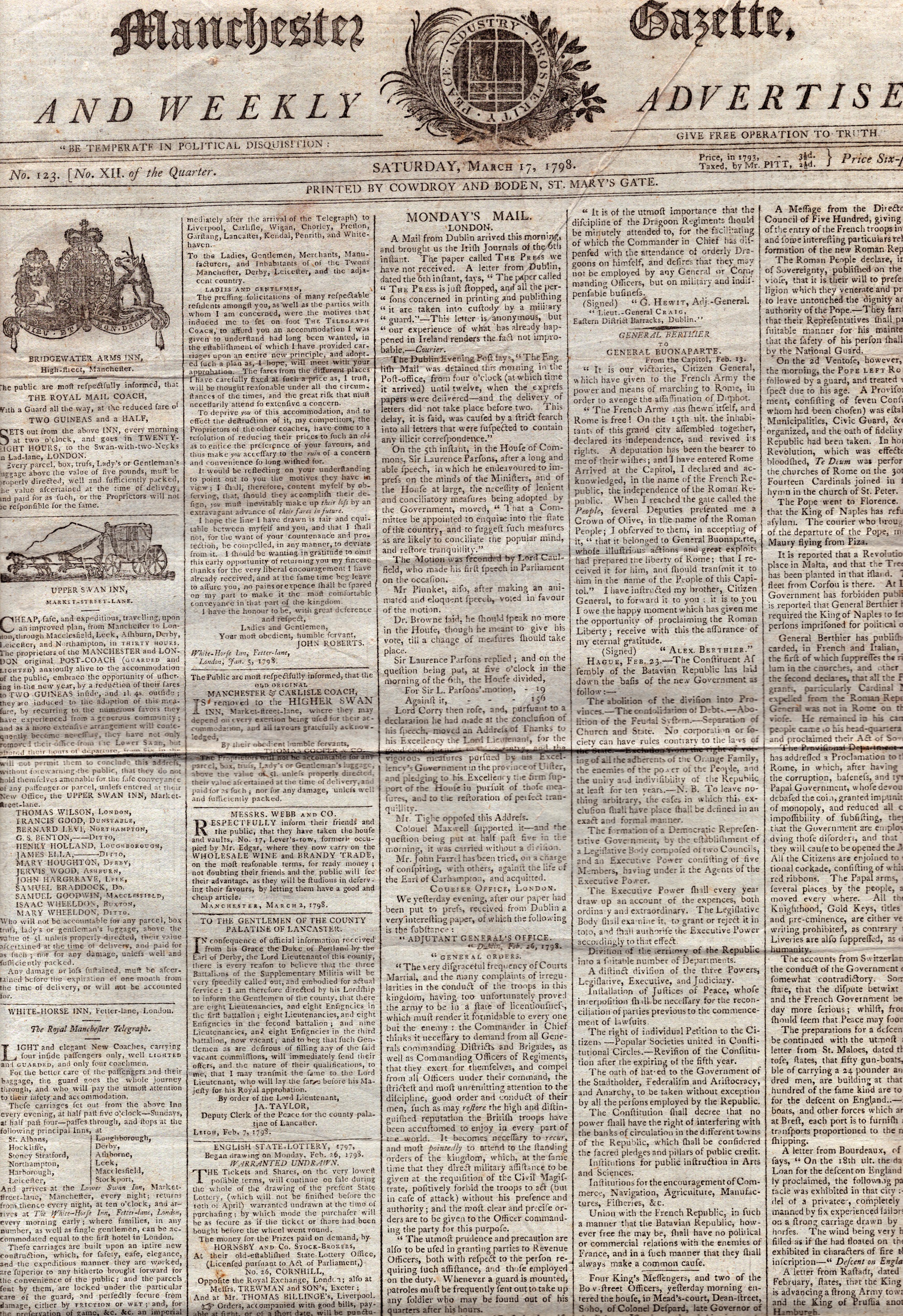 Collection of 7 Antique 1798/1799 Newspapers Bonaparte, Irish Rebellion, Etc - Image 7 of 15