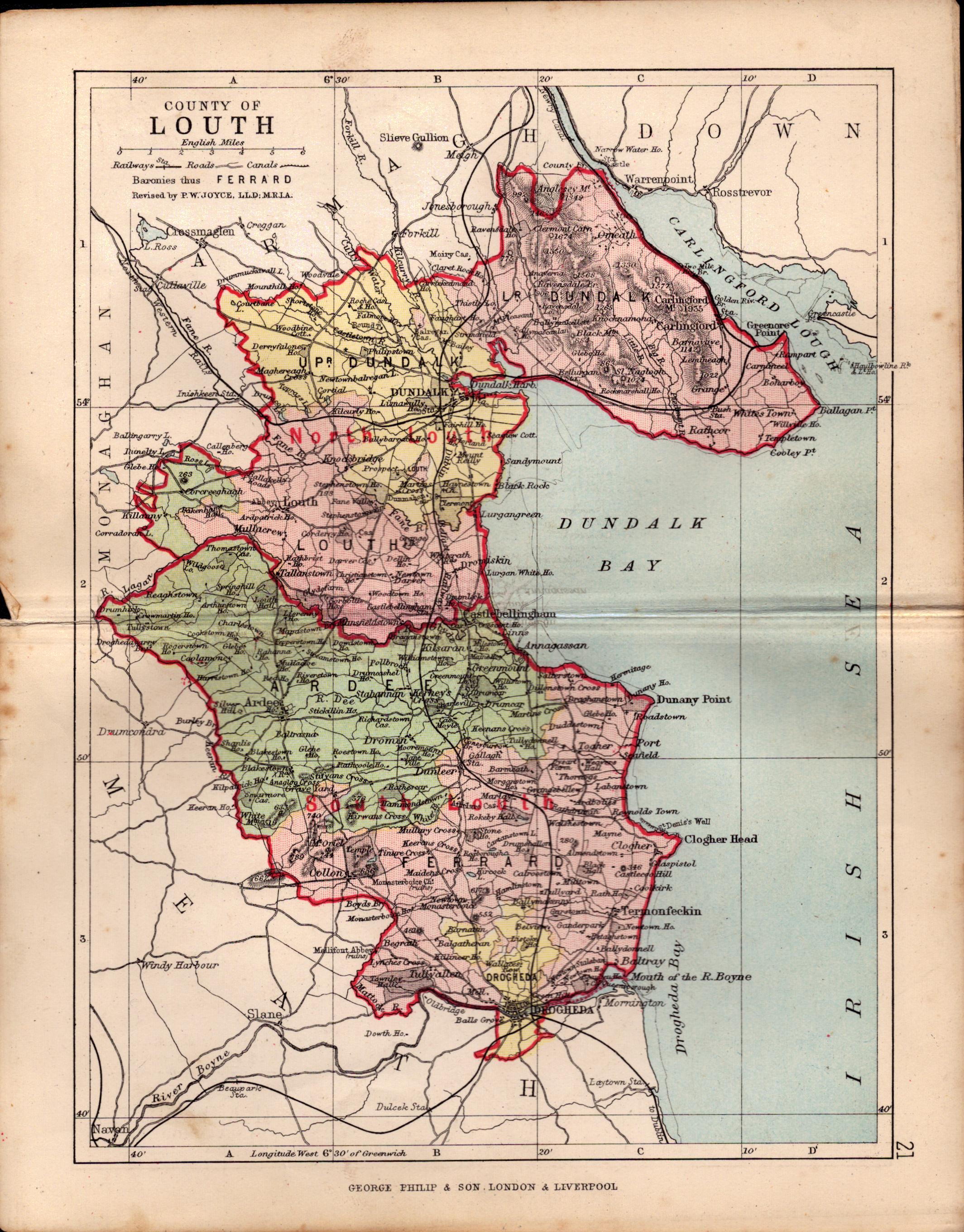 County Of Louth Ireland Antique Detailed Coloured Victorian Map.