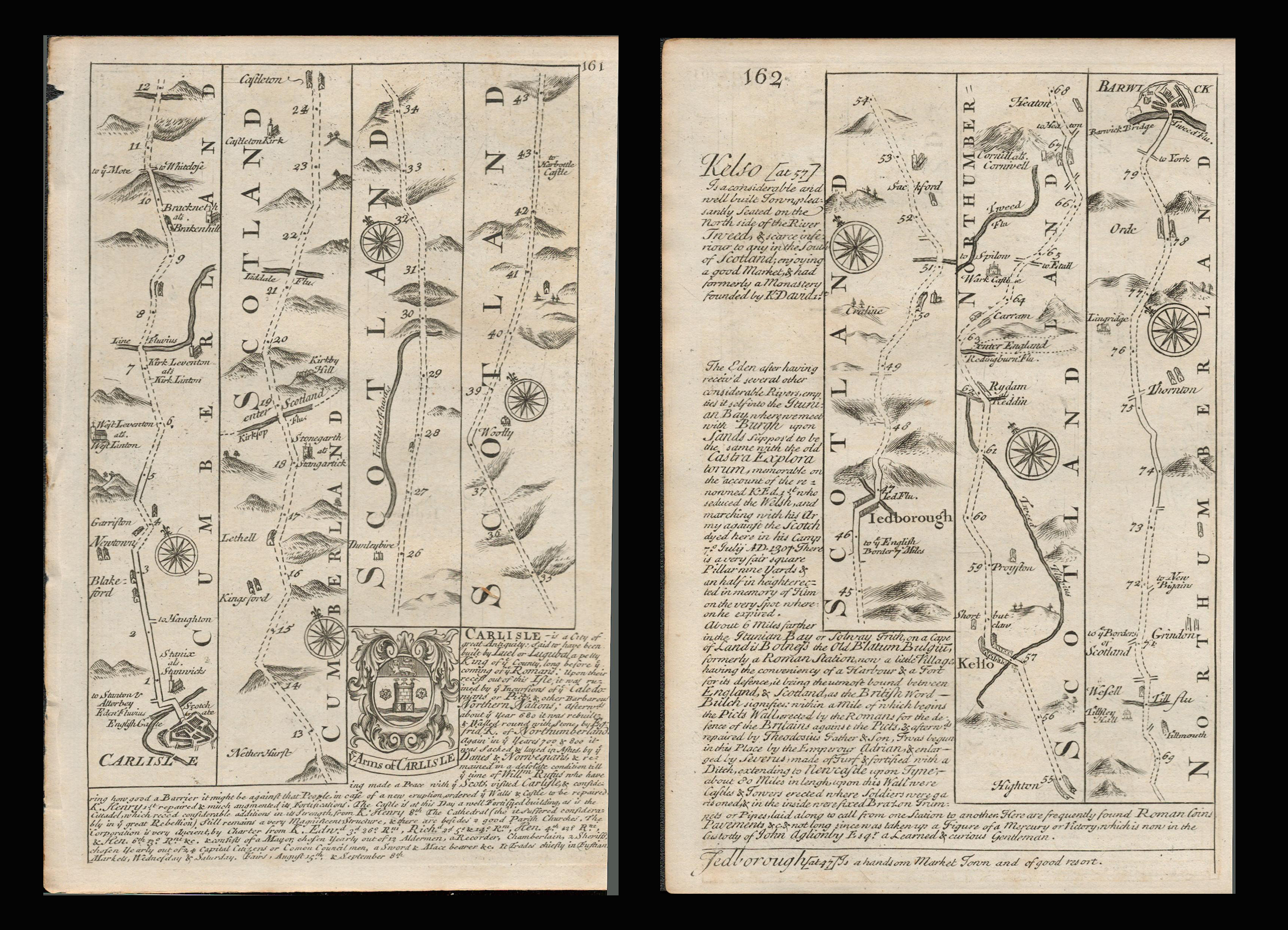 Bowen 290 Yrs Old Road Map Scotland Cumberland Northumberland Kelso.