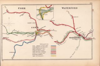 Cork & Waterford Ireland Antique Coloured Railway Diagram-124.