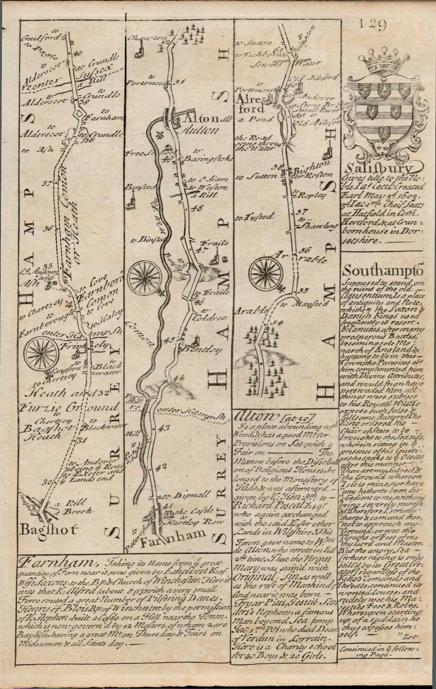 Bowen 290 Yrs Old Detailed Road Map Bagshot, Farnham, Southampton, Salisbury. - Image 2 of 4