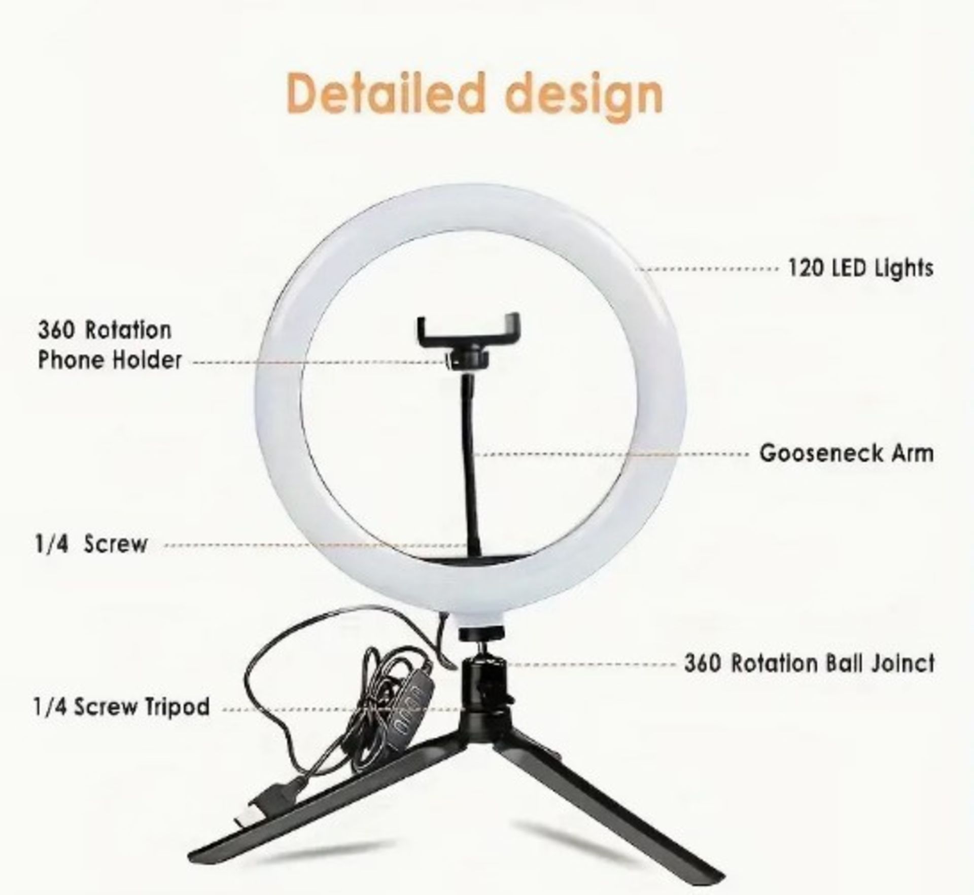 25.4cm LED Ring Fill Light With Tripod Stand and Phone Holder