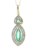 14ct Yellow Gold Marquise Cluster Diamond and Emerald Pendant and Chain 0.08 Carats