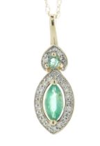 14ct Yellow Gold Marquise Cluster Diamond and Emerald Pendant and Chain 0.08 Carats