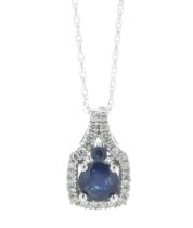 14ct White Gold Sapphire With Halo Setting Diamond Pendant and Chain (S0.50) 0.10 Carats