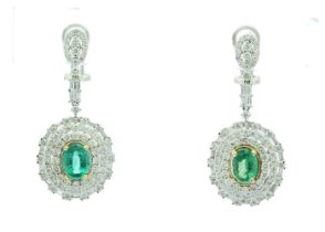 18ct White Gold Diamond and Emerald Drop Earrings (E2.61) 3.74 Carats