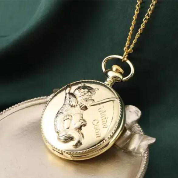 New! STRADA Japanese Movement Maine Coon Pattern Pocket Watch