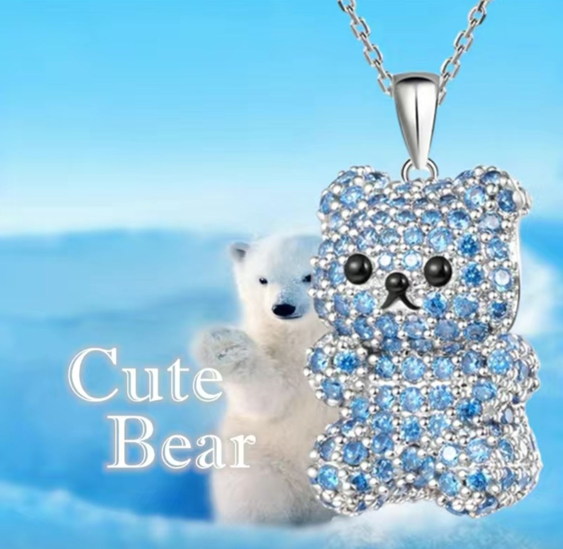 New! Exquisite Blue Rhinestone Bear Pendant