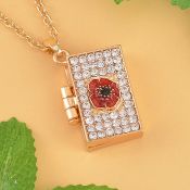 New! White Austrian Crystal Enamelled Poppy Design Photo Locket Necklace