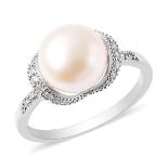 New! Freshwater White Pearl and Simulated Diamond Ring in Rhodium Overlay