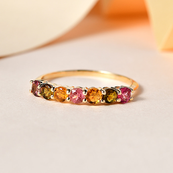 New! 9K Yellow Gold Multi-Tourmaline 7 Stone Band Ring