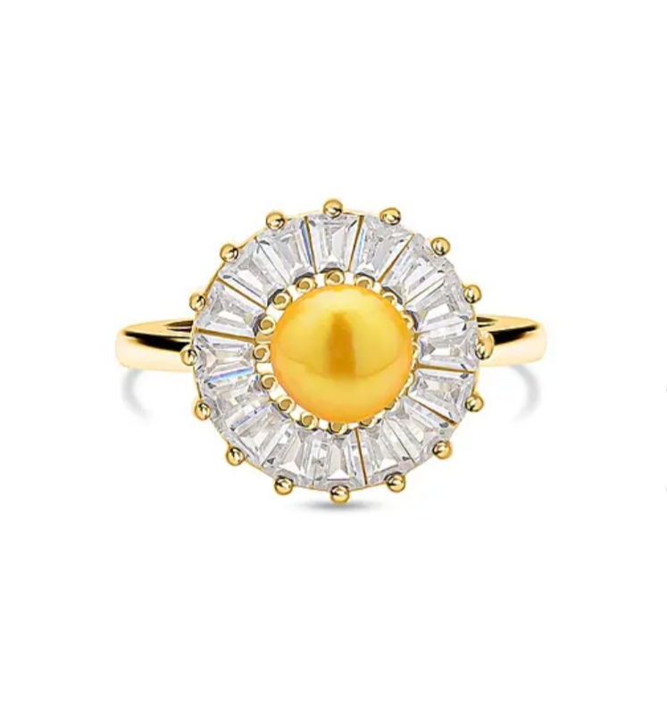 New! Golden Fresh Water Pearl and Simulated Diamond Floral Ring - Image 2 of 4