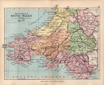Counties of South Wales 1895 Antique Victorian Coloured Map.