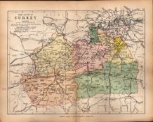 County Surrey 1895 Antique Victorian Coloured Map.