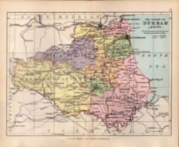 County Durham 1895 Antique Victorian Detailed Coloured Map.