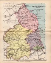 County Northumberland 1895 Antique Victorian Coloured Map.