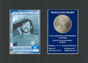 John Greig Barcelona Bears 1972 ECWC Mounted Card & Coin Montage