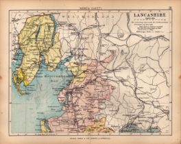 Lancashire North 1895 Antique Victorian Detailed Coloured Map.