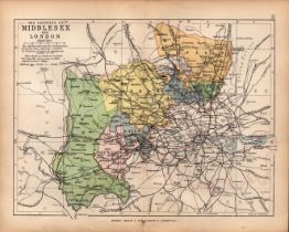 County Middlesex & London 1895 Antique Victorian Coloured Map.