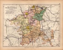 County Worcester 1895 Antique Victorian Coloured Map.