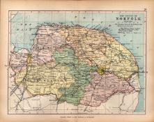 County Norfolk 1895 Antique Victorian Coloured Map.