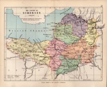 County Somersetshire 1895 Antique Victorian Coloured Map.