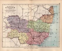 County Suffolk 1895 Antique Victorian Coloured Map.