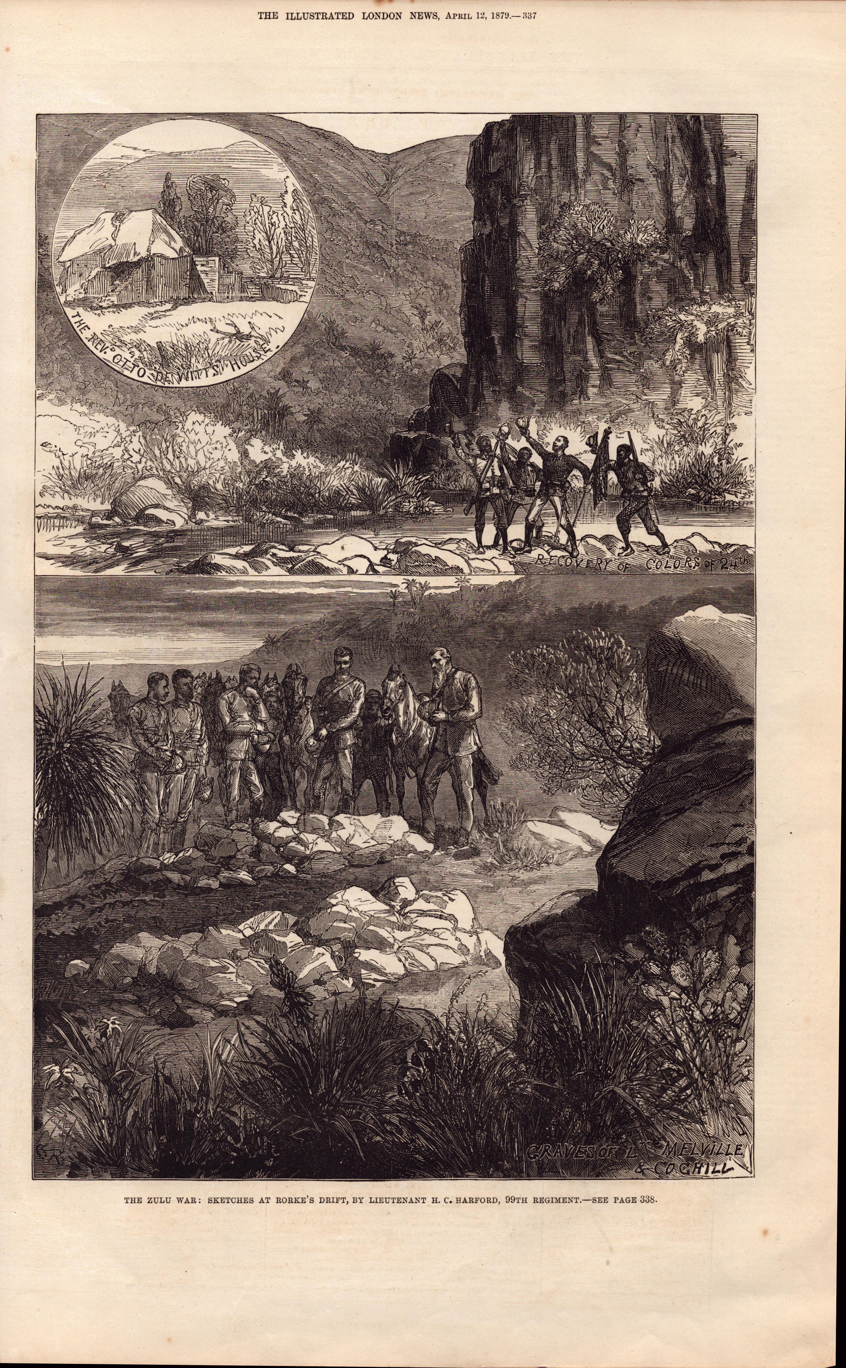 The Zulu War Sketches at Rorke's Drift Antique 1879 Wood Engraving.