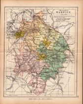 County Warwickshire 1895 Antique Victorian Coloured Map.