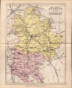 County of Bedfordshire 1895 Antique Victorian Coloured Map.