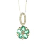 14ct Yellow Gold Flower Cluster Diamond and Emerald Pendant and 18" Chain 0.12 Carats
