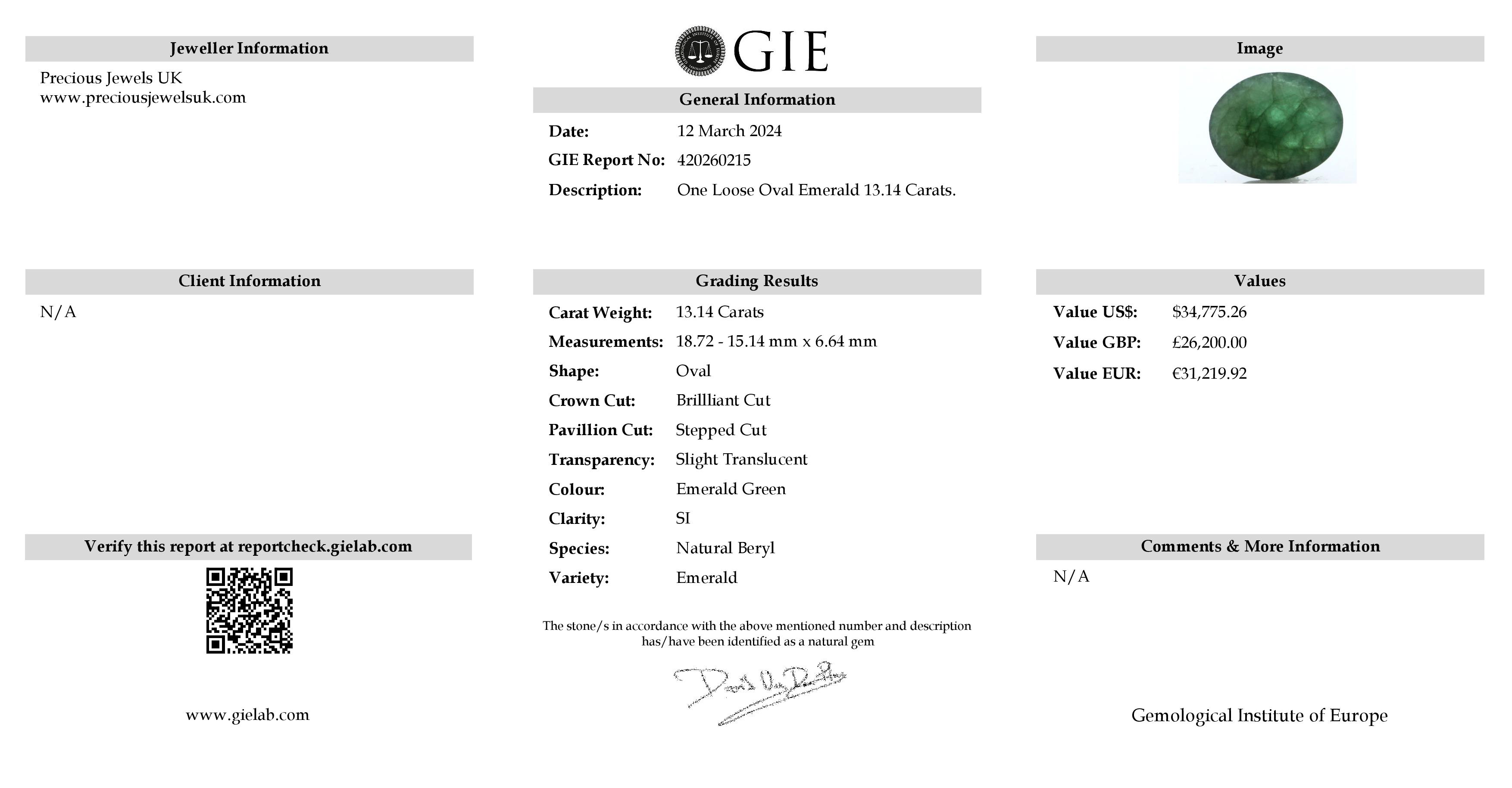 Loose Oval Emerald 13.14 Carats - Image 2 of 2