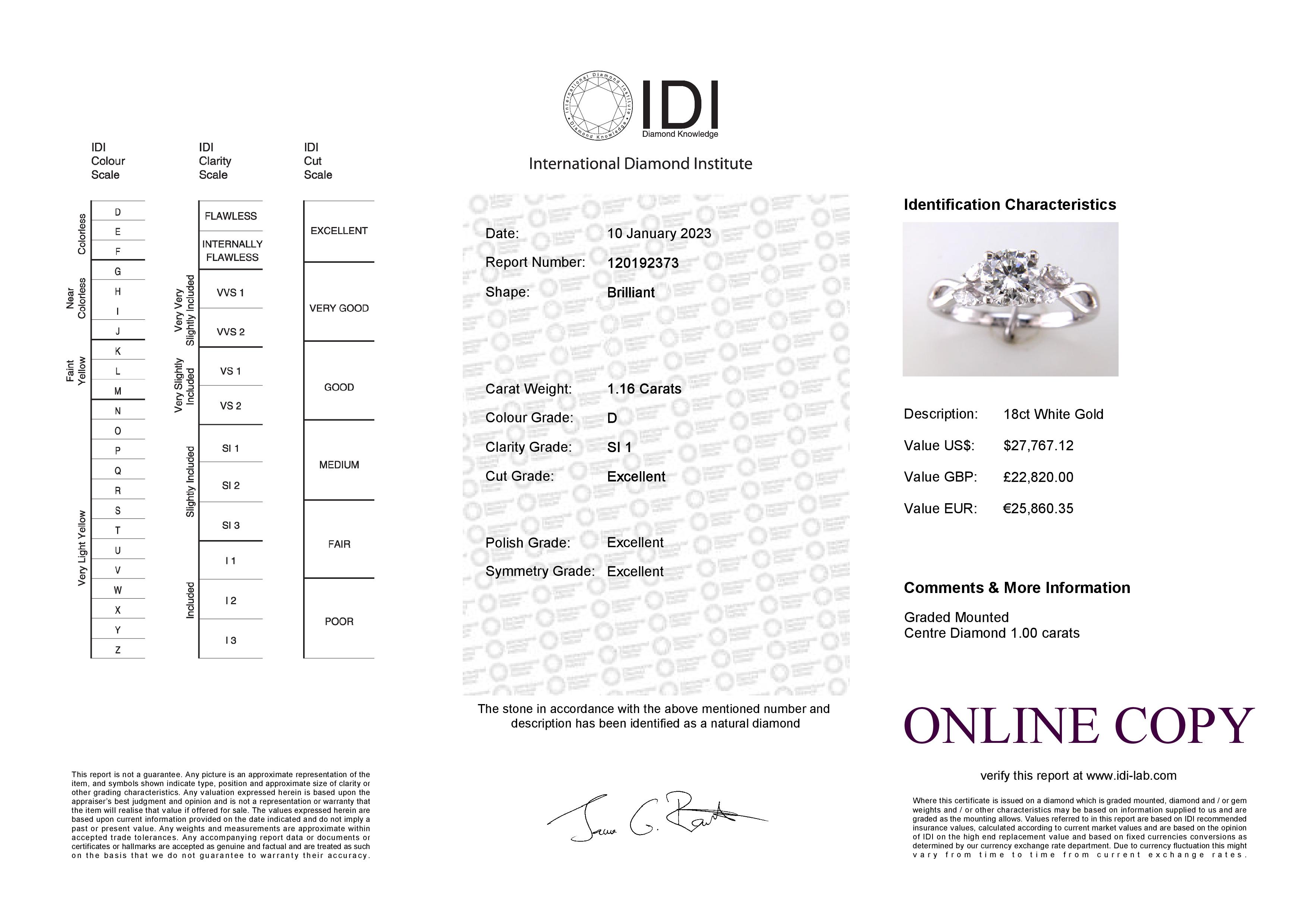 18ct White Gold Single Stone Diamond Ring With Marquise Set Shoulders (1.00) 1.16 Carats - Image 5 of 5