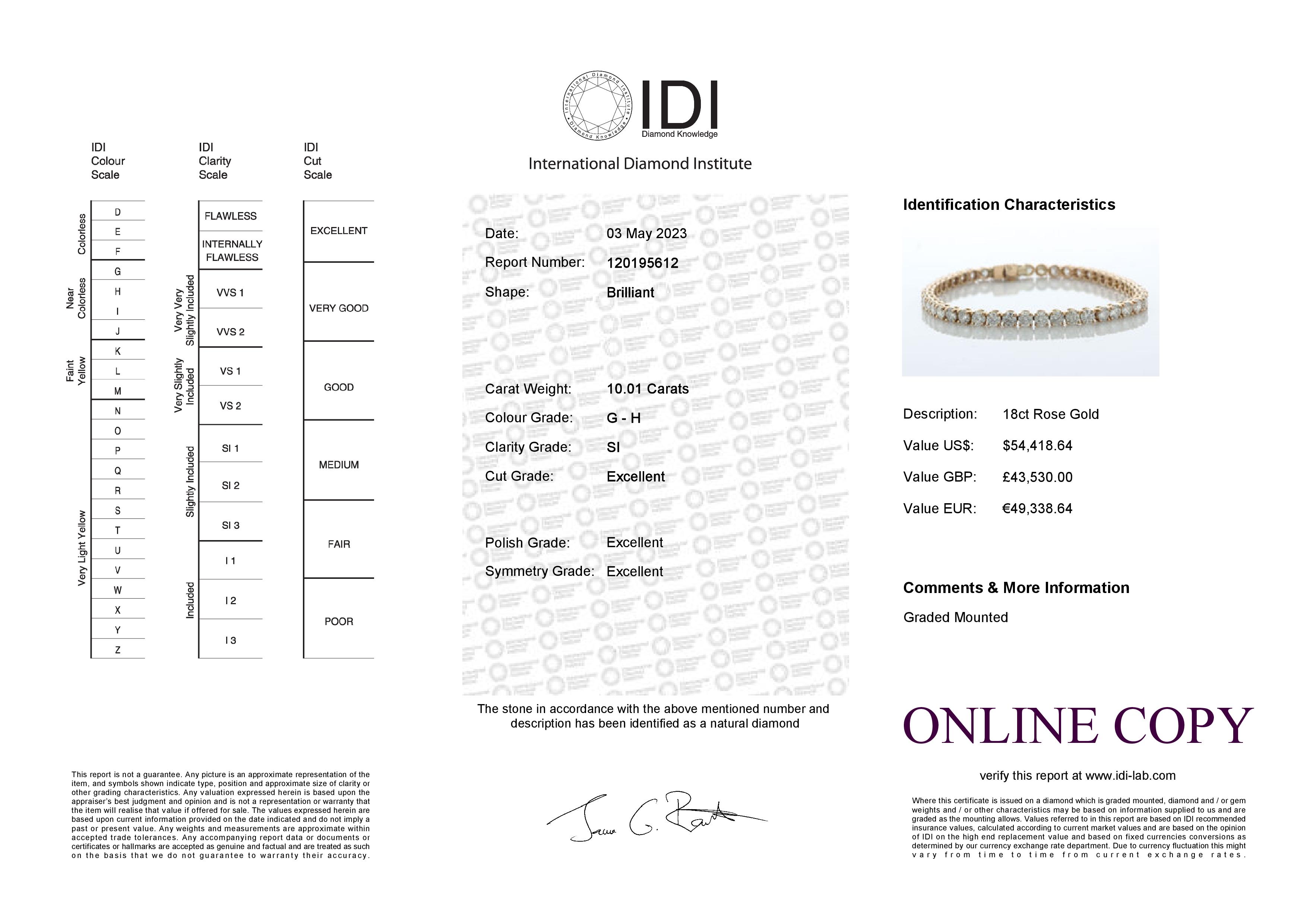 18ct Rose Gold Tennis Diamond Bracelet 10.01 Carats - Image 5 of 5