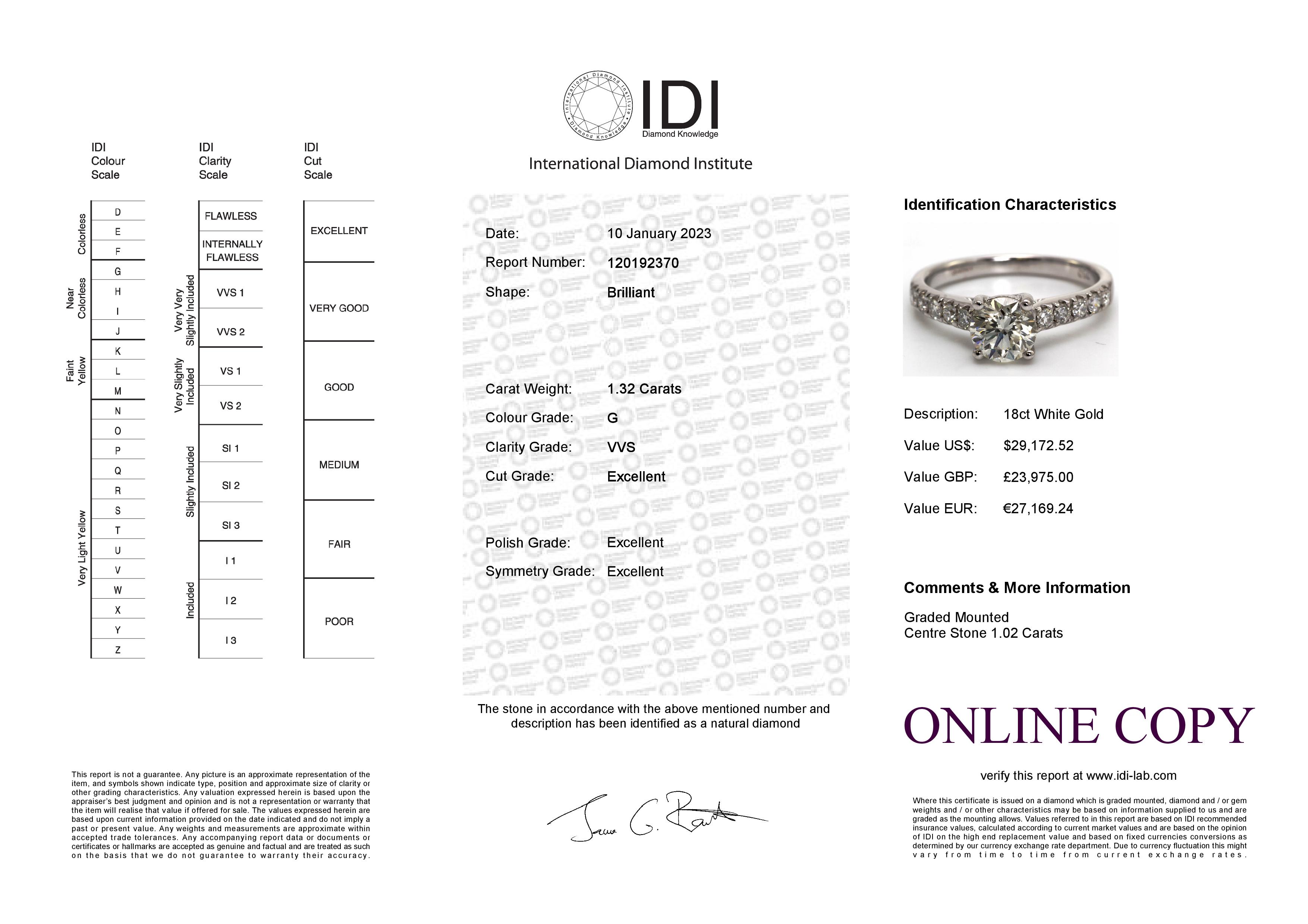 18ct White Gold Single Stone Diamond Ring With Stone Set Shoulders (1.02) 1.32 Carats - Image 5 of 5