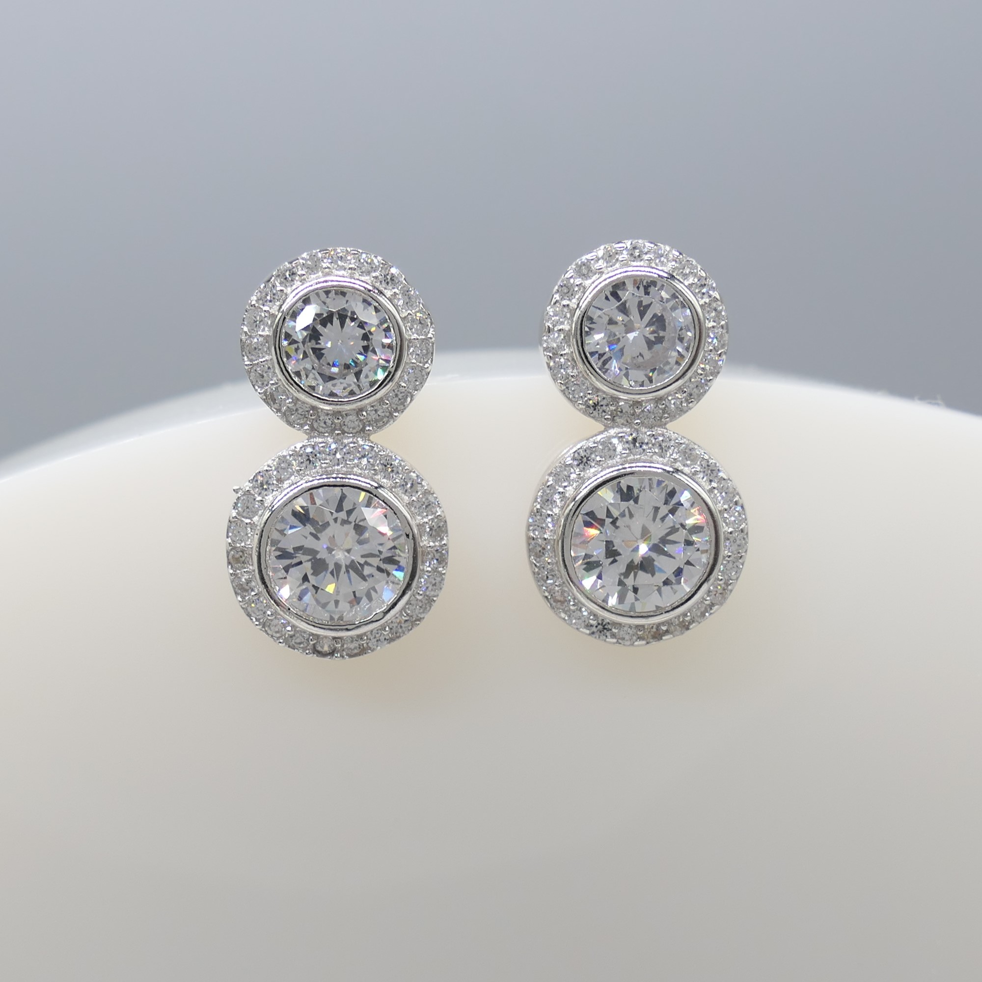 Gem-Set Double Halo Droplet Earrings In Silver - Image 6 of 6