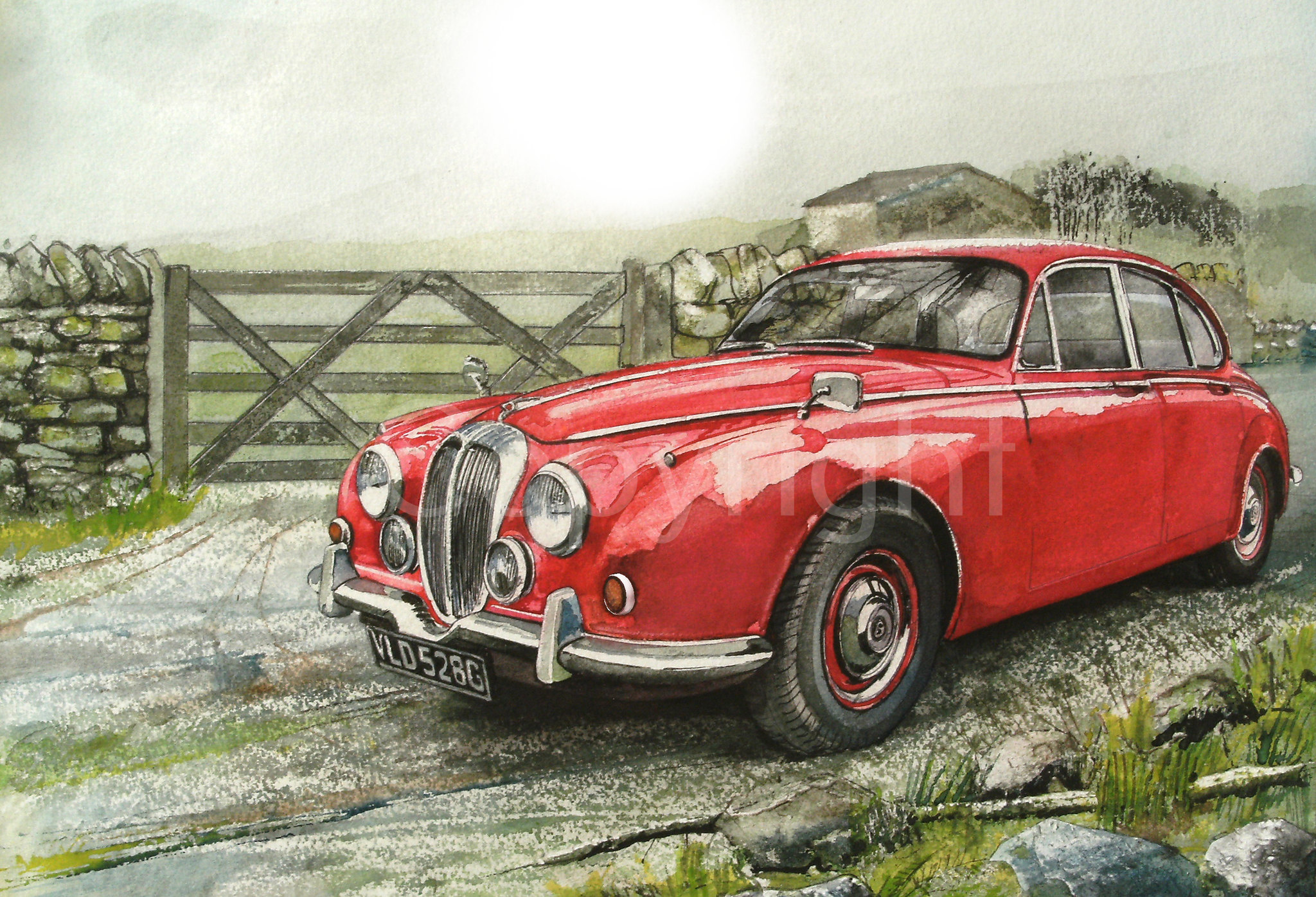 Classic Red Daimler Classic Car Extra Large Metal Wall Art.