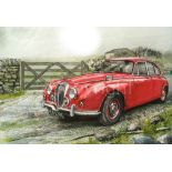 Classic Red Daimler Classic Car Extra Large Metal Wall Art.