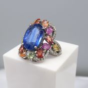 Large and Unusual Ring Featuring Kyanite; Multi-Coloured Sapphire and Diamonds, Boxed
