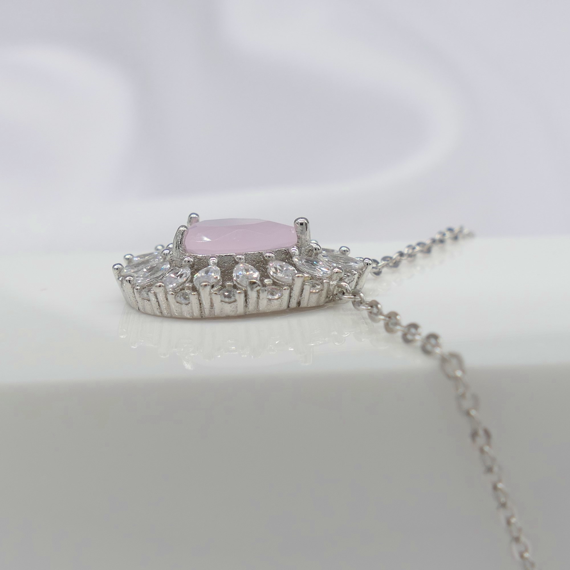 Silver Stylish Pink Rose-Coloured Gem and White Cubic Zirconia Necklace - Image 2 of 7