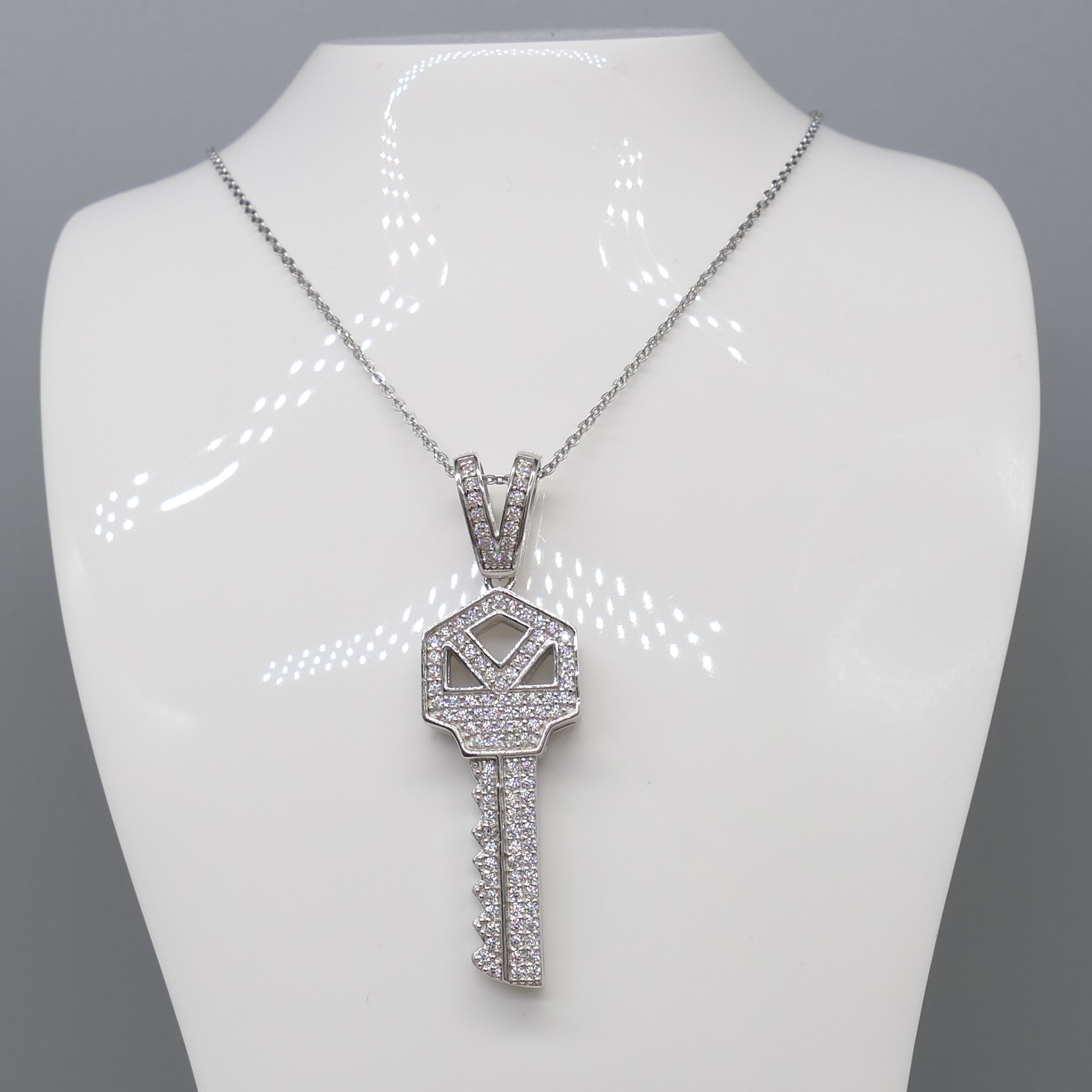 Gem-Set Key Pendant and Chain In Sterling Silver