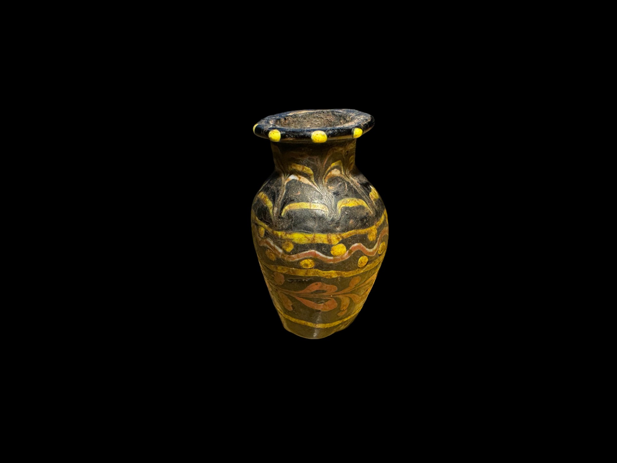 Antiquities: Roman Black, Yellow, and White Glass Bottle - Bild 2 aus 4