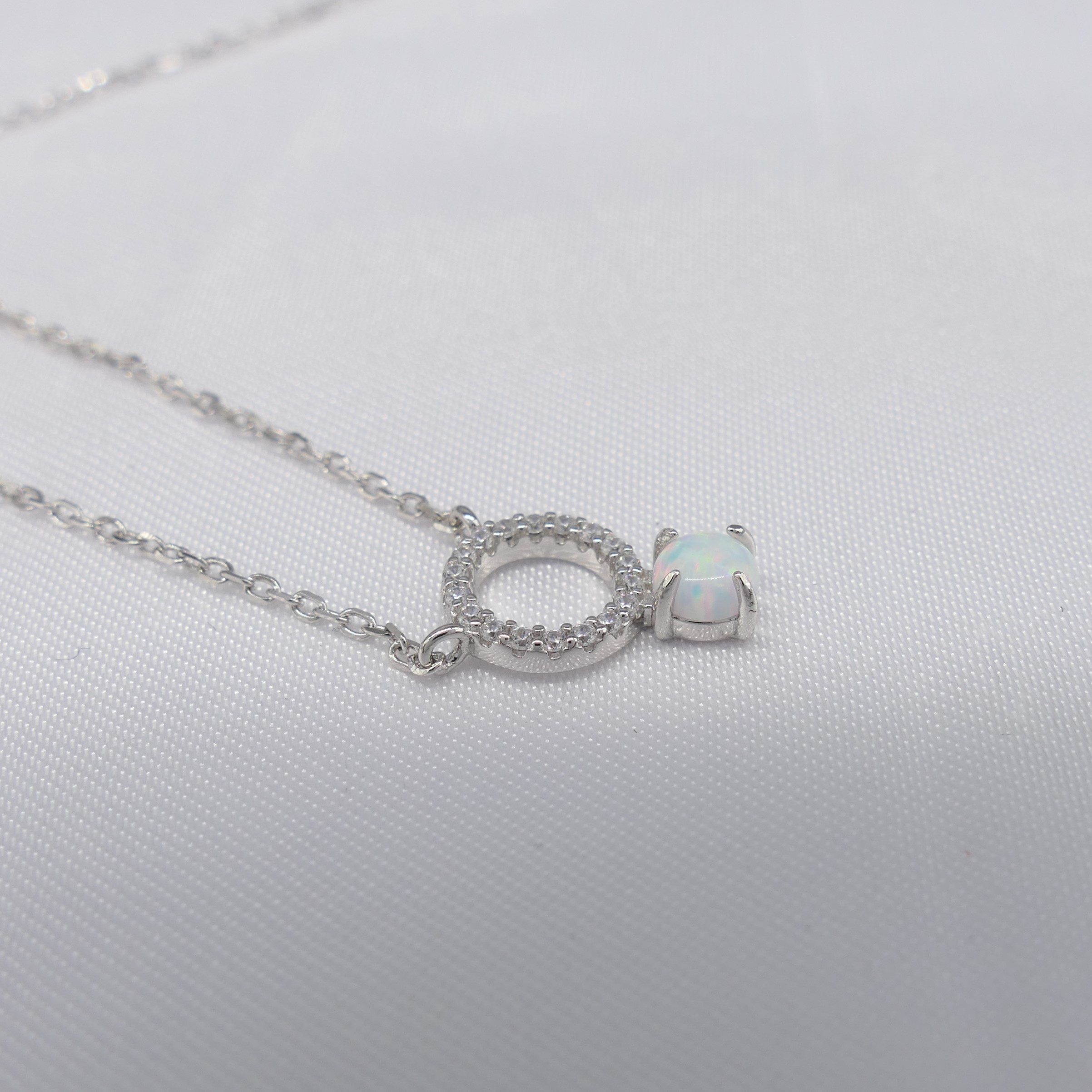 Cabochon Opalite Gemstone and White Cubic Zirconia Halo Silver Necklace - Image 4 of 6