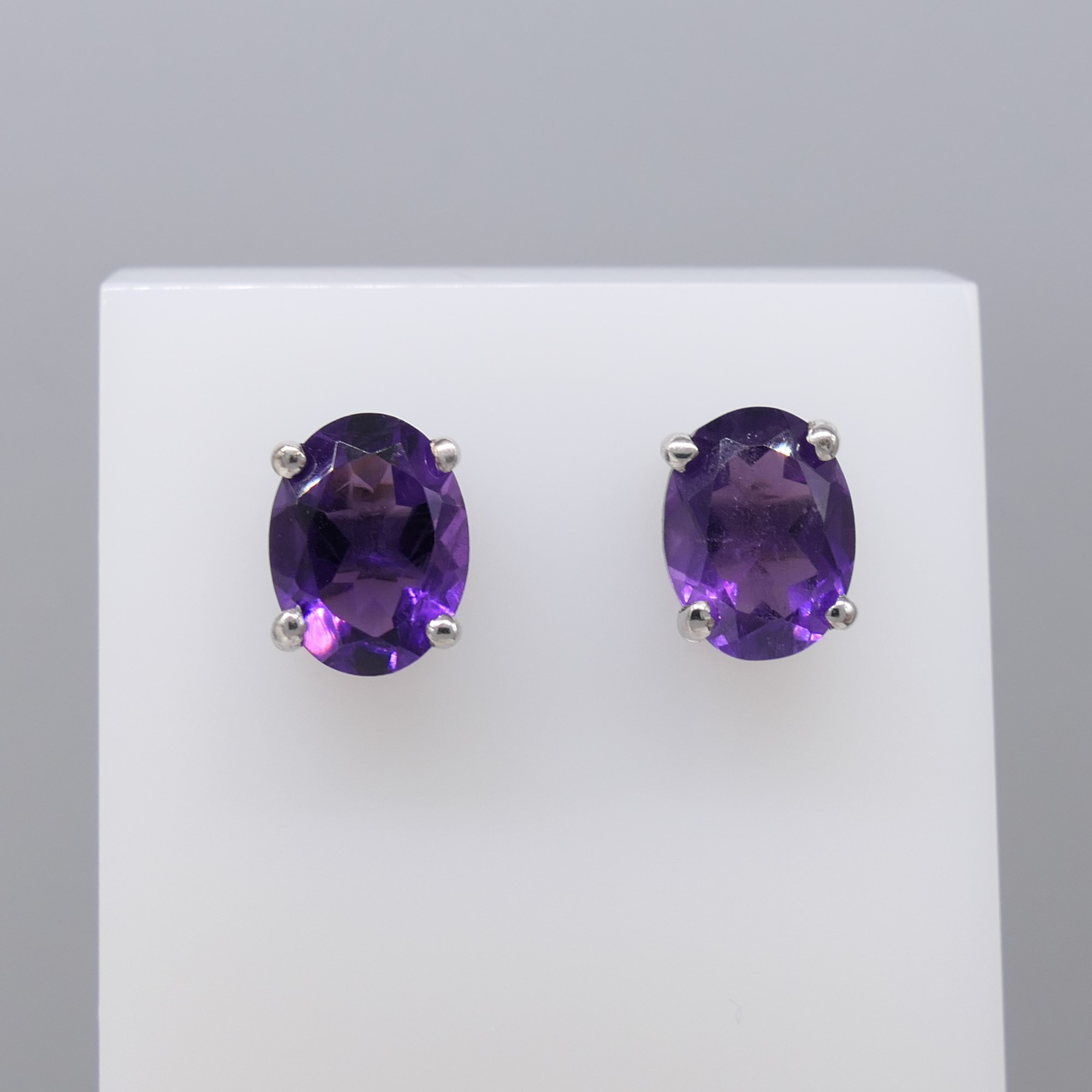 Pair of Natural Amethyst Gemstone Ear Studs In Sterling Silver