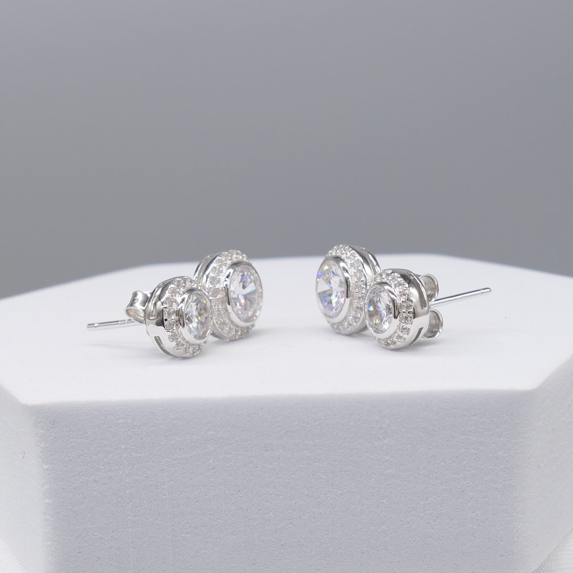 Gem-Set Double Halo Droplet Earrings In Silver - Image 5 of 6