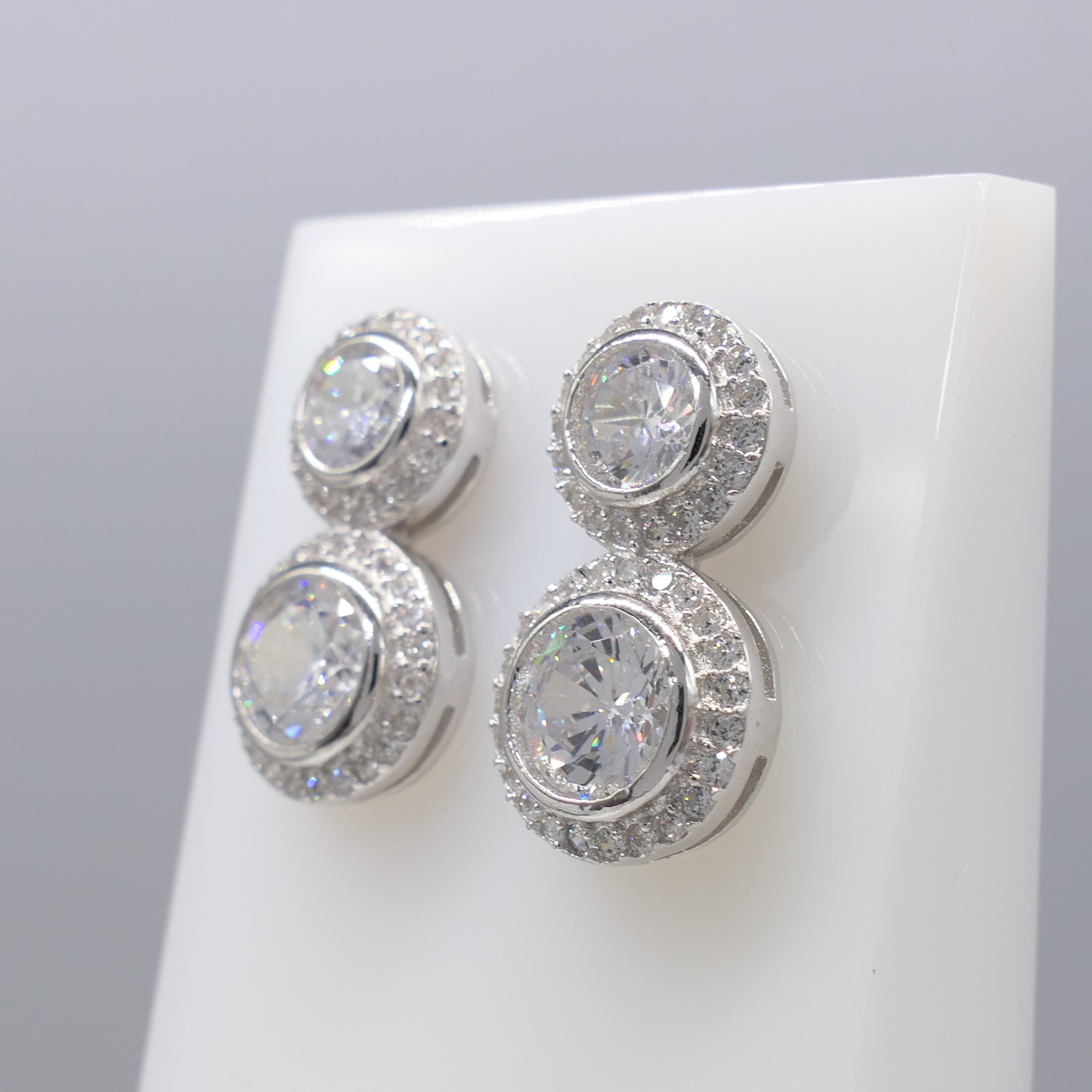 Gem-Set Double Halo Droplet Earrings In Silver - Image 3 of 6