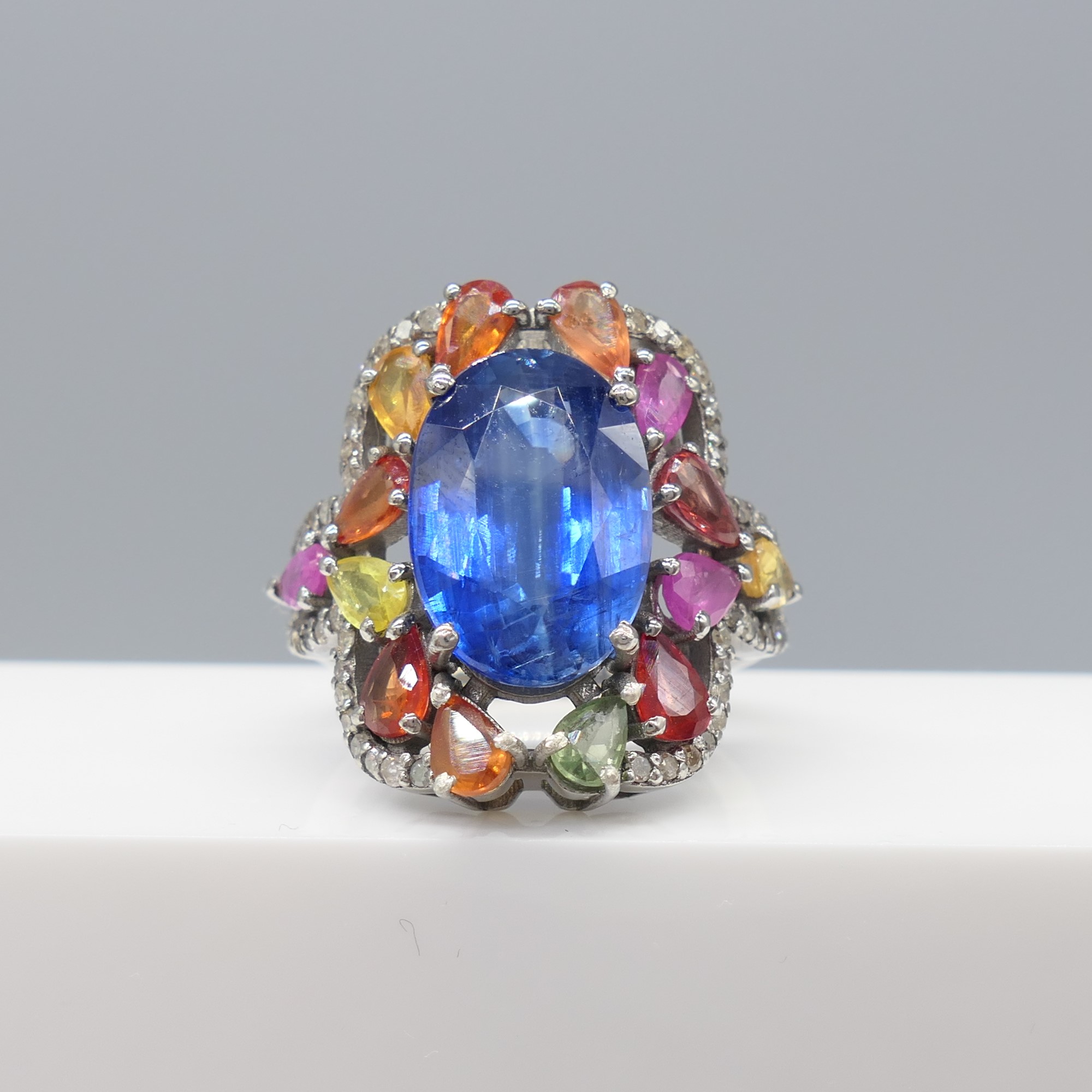 Large and Unusual Ring Featuring Kyanite; Multi-Coloured Sapphire and Diamonds, Boxed - Image 6 of 8
